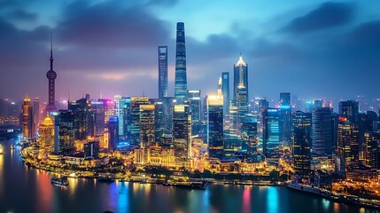 Fototapeta premium Illuminated Shanghai Skyline at Dusk with the Pearl Tower and Skyscrapers Reflecting in the Water