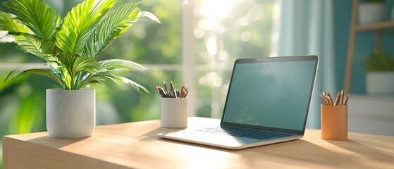 Fototapeta premium Minimalist Wooden Desk in Bright Peaceful Home Office Setup with Large Window Simple Decor and Calming Natural Elements
