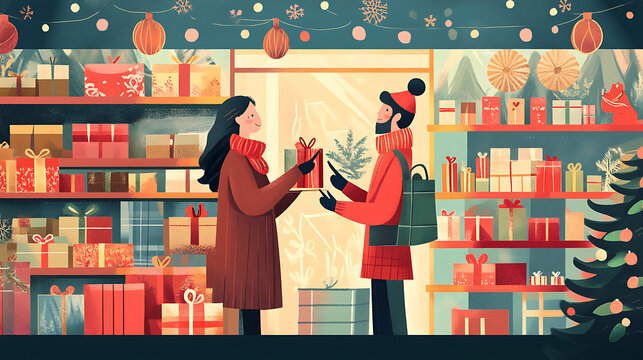 • Friends comparing items and sale prices while shopping for holiday gifts, with shelves filled with discounted merchandise and festive decor 