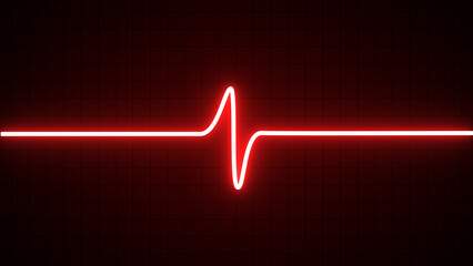 Glowing red neon color heartbeat rate and pulse on a red grid background. Heart pulse graphic. Neon heartbeat cardiogram