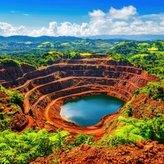 Breathtaking view of a large mining pit surrounded by lush greenery and a serene water body under a sunny sky.