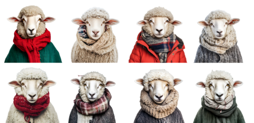 Front view of sheep wearing winter clothes isolated on a transparent PNG background, white background , cut out, clipping path, Generative Ai