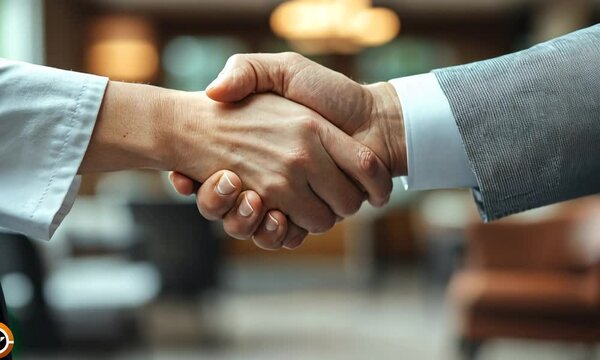 Two hands engaged in a handshake, symbolizing agreement or partnership.