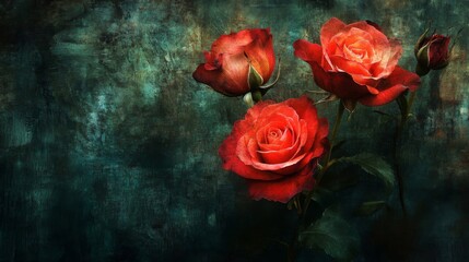 Three Red Roses on a Dark Green Background