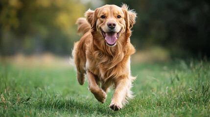 Golden retriever running joyfully in grassy field, showcasing its playful nature and vibrant energy. This captures essence of happiness and freedom