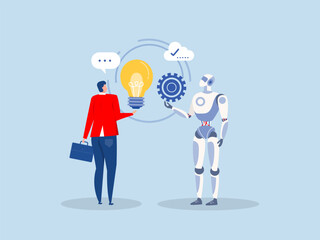 Artificial intelligence and machine learning.Man talking to robot. Conversation between man and artificial intelligence Virtual helper and assistant. vector illustration