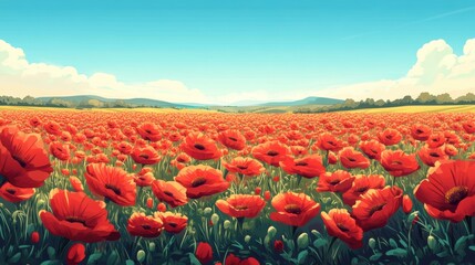 A vibrant field of red poppies in full bloom, stretching as far as the eye can see.