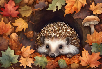 A hedgehog sits among mushrooms in an autumn forest with fallen leaves.