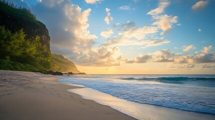 Tranquil Beach at Dawn with Lush Cliffside and Rolling Clouds