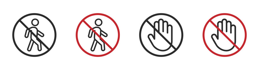 No entry sign vector icons set. Ban sign. No pedestrian icon. No entry icon