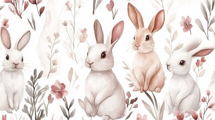 Obraz premium Watercolor Illustration of Bunnies Surrounded by Delicate Flowers and Foliage