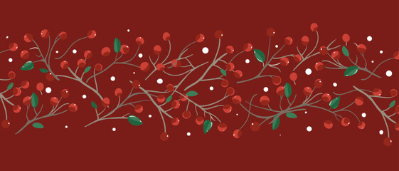 Christmas berry horizontal banner, red background. Holly, pine twigs, red berries. Winter nature design, vector illustration
