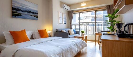 Spacious and Comfortable Studio Apartment Interior with Cozy Living Area Dining Space and Minimalist Kitchenette Showcasing a Calming and Elegant Design