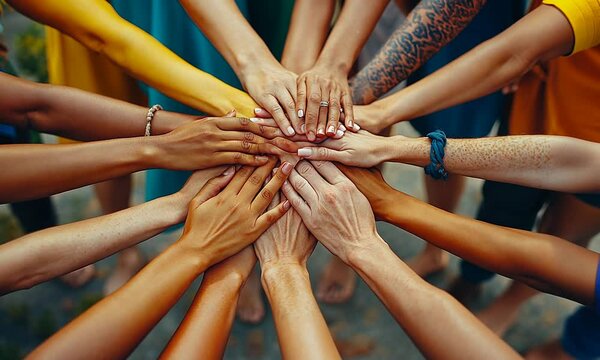 A diverse group of hands symbolizing unity and collaboration.