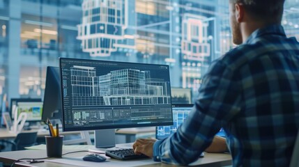 A team using BIM software to analyze the energy efficiency and sustainability of a building design implementing changes to reduce environmental impact.