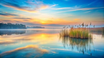 Fototapeta premium A peaceful morning mist rising from the water, illuminated by a breathtaking sunrise, with tall reeds standing sentinel in the foreground.