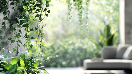Green Ivy Vines Growing on a Wall with a Blurred Background of a Living Room and Outdoor Garden.