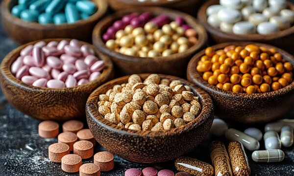 Colorful bowls of various vitamins and supplements for health.