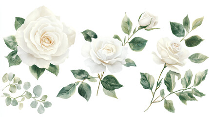 Watercolor white flowers border set. White roses, eucalyptus leaves. Floral background. Wedding frame. Invitation template. Greeting card 