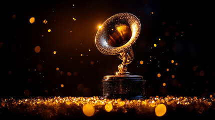 Sparkling Grammy trophy in festive lighting with golden bokeh