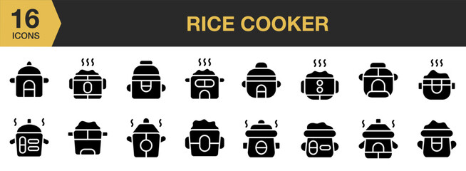 Rice Cooker solid icon set. Includes Kitchen, Utensils, Rice, Cooker, Restaurant, Appliance, and More. Solid icons vector collection.