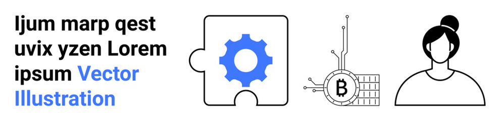 Puzzle piece with blue gear, Bitcoin symbol on circuit board, person with bun hairstyle. Ideal for technology, blockchain, finance, teamwork, IT solutions, user profiles, educational content. Landing