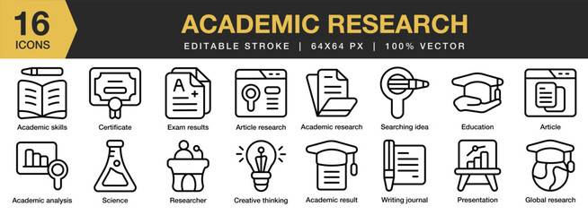 Academic Research icon set. Editable Stroke Icon Collection. Includes analysis, research, result, skill, article, and More. Outline icons vector collection.