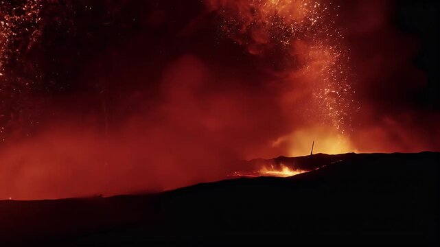 A dramatic view of molten lava glowing in the darkness of night.