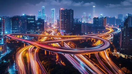 Obraz premium several elevated highways with light trails of cars from an aerial view