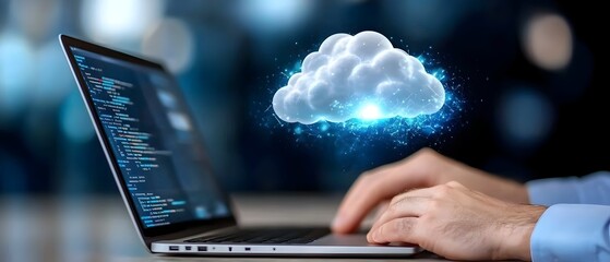 Futuristic digital business technology interface with glowing cloud storage data analytics and e commerce icons  Conceptual design for software app development and digital transformation solutions