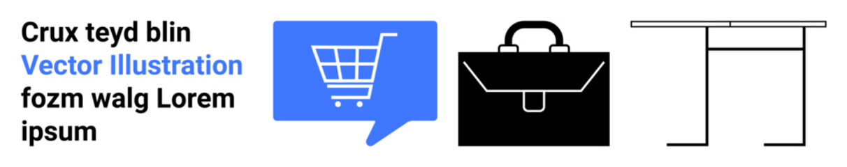 Shopping cart within blue speech bubble, briefcase silhouette, minimalistic desk outline. Ideal for e-commerce, business, office, work, shopping, communication, landing page