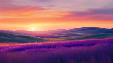 Obraz premium Sunset Over Lavender Fields and Rolling Hills