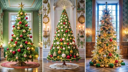 A festive trio of evergreen trees adorned with twinkling lights, shimmering ornaments, and traditional decorations, each standing gracefully in its own enchanting setting.