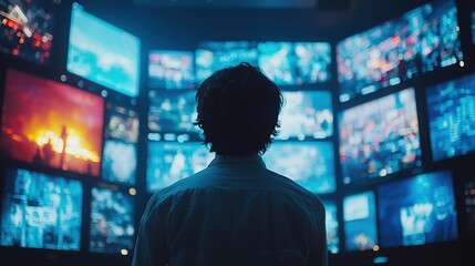 A Person Observes Multiple Screens Displaying Various Images, Showcasing Information and News at a Control Center During Nighttime in a Modern Technological Setting