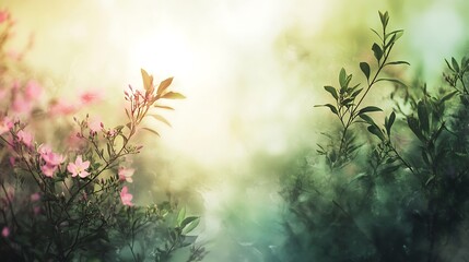 Pink Flowers and Green Leaves in a Soft, Blurred Watercolor Style