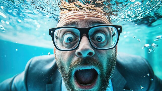 A Surprised Businessman in Glasses Submerged in a Swimming Pool, Capturing an Unexpected Underwater Moment During a Casual Afternoon in the City
