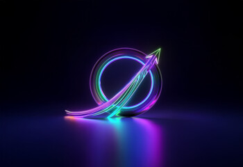 A glowing neon arrow points upwards, piercing a circular ring.  The arrow and ring are both multi-colored, casting reflections on a dark background.