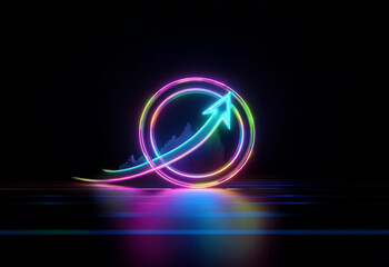 A neon blue arrow ascends within a colorful circle on a dark reflective surface.