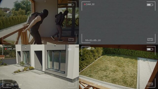 Surveillance Footage Shows Burglars Trying to Break Into a House From Two Entrances, Then a Car, but a Dog Chases Them in the Yard. AI Systems and Face Recognition Enhance the Home Security