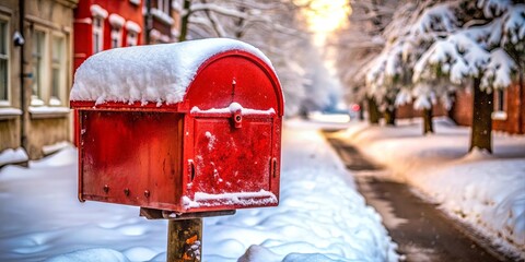 A solitary red mailbox stands tall, its surface dusted with a soft layer of snow, amidst a snowy streetscape, a quiet winter scene.
