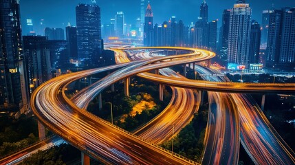 Obraz premium several elevated highways with light trails of cars from an aerial view