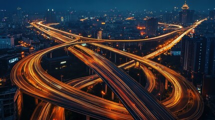 Obraz premium several elevated highways with light trails of cars from an aerial view