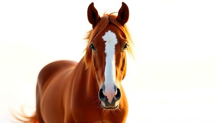 A brown horse with a white blaze on its face, looking directly at the camera, white background