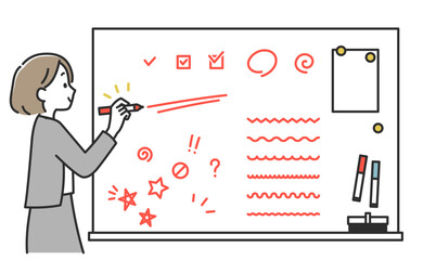 ホワイトボードに書いて説明するスーツ姿のビジネスウーマン女性とあしらいのセット