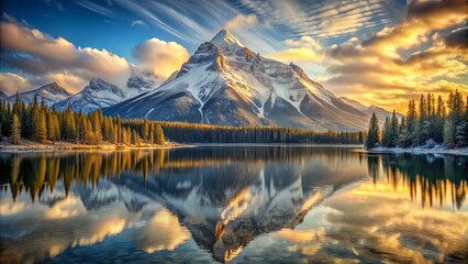Obraz premium Reflective Serenity A Snow-Capped Mountain Peak Reflecting in Still Waters Beneath a Sky Painted with Hues of Gold and Azure
