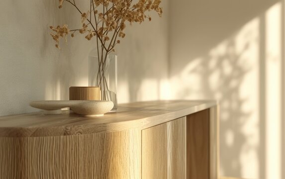 Minimalist flower vase decoration on stylish wooden cabinet on beige wall backdrop. Furniture interior living room
