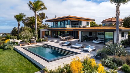 Fototapeta premium Modern home with a pool and lush landscaping overlooking the ocean