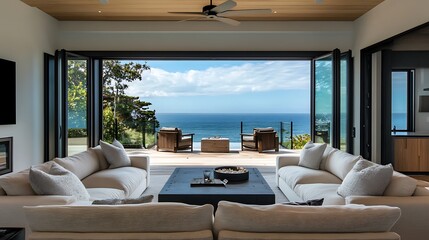 Fototapeta premium Modern Living Room with Ocean View Through Folding Doors