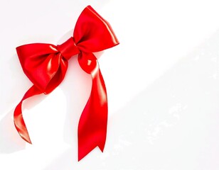 Large red tie bow made of shiny satin ribbon on plain white background