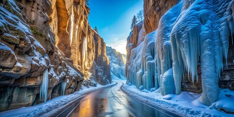 A winding road carves through a snow-covered canyon, icy formations hang from the rock walls, reflecting a brilliant blue sky and a golden sunrise.